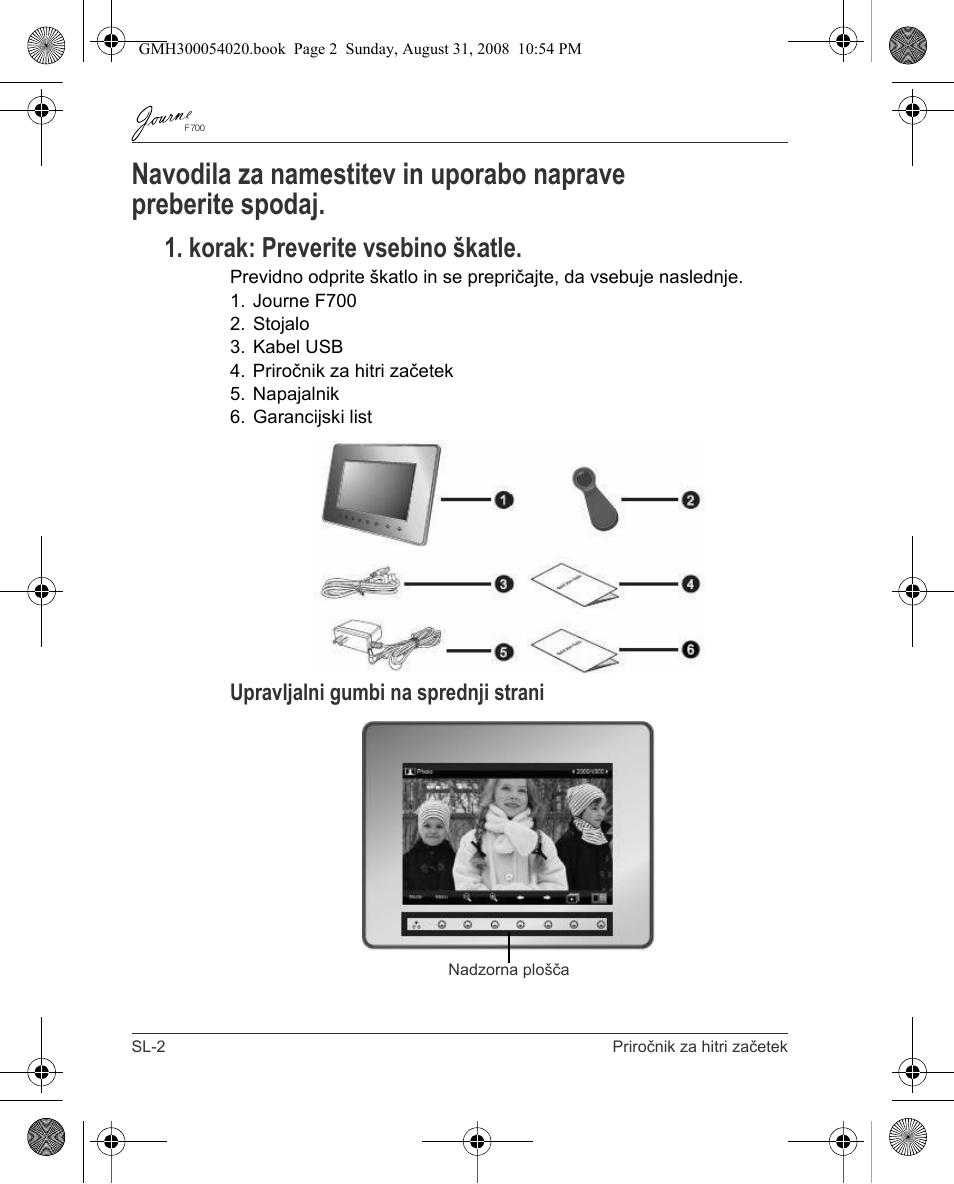 Korak: preverite vsebino škatle, Upravljalni gumbi na sprednji strani | Toshiba JOURNE F700 User Manual | Page 112 / 138