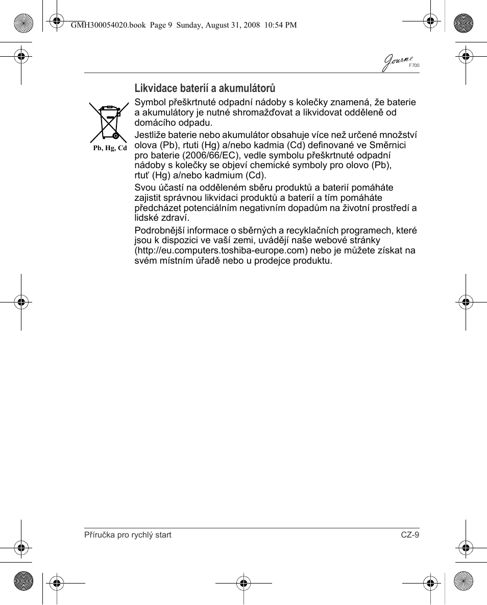 Likvidace baterií a akumulátorů | Toshiba JOURNE F700 User Manual | Page 29 / 138