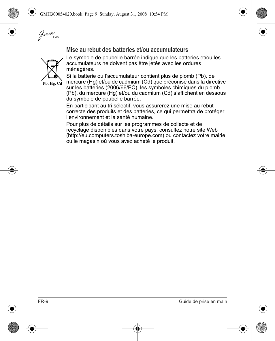 Mise au rebut des batteries et/ou accumulateurs | Toshiba JOURNE F700 User Manual | Page 38 / 138