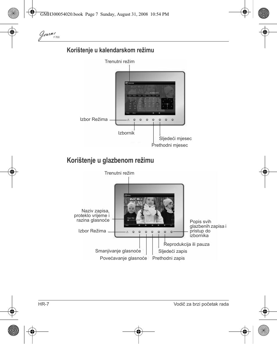 Korištenje u glazbenom režimu, Korištenje u kalendarskom režimu | Toshiba JOURNE F700 User Manual | Page 54 / 138