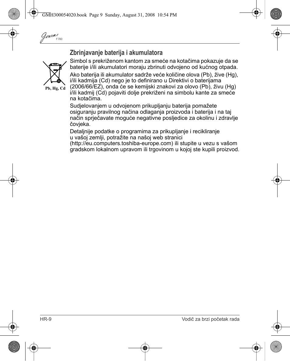 Zbrinjavanje baterija i akumulatora | Toshiba JOURNE F700 User Manual | Page 56 / 138