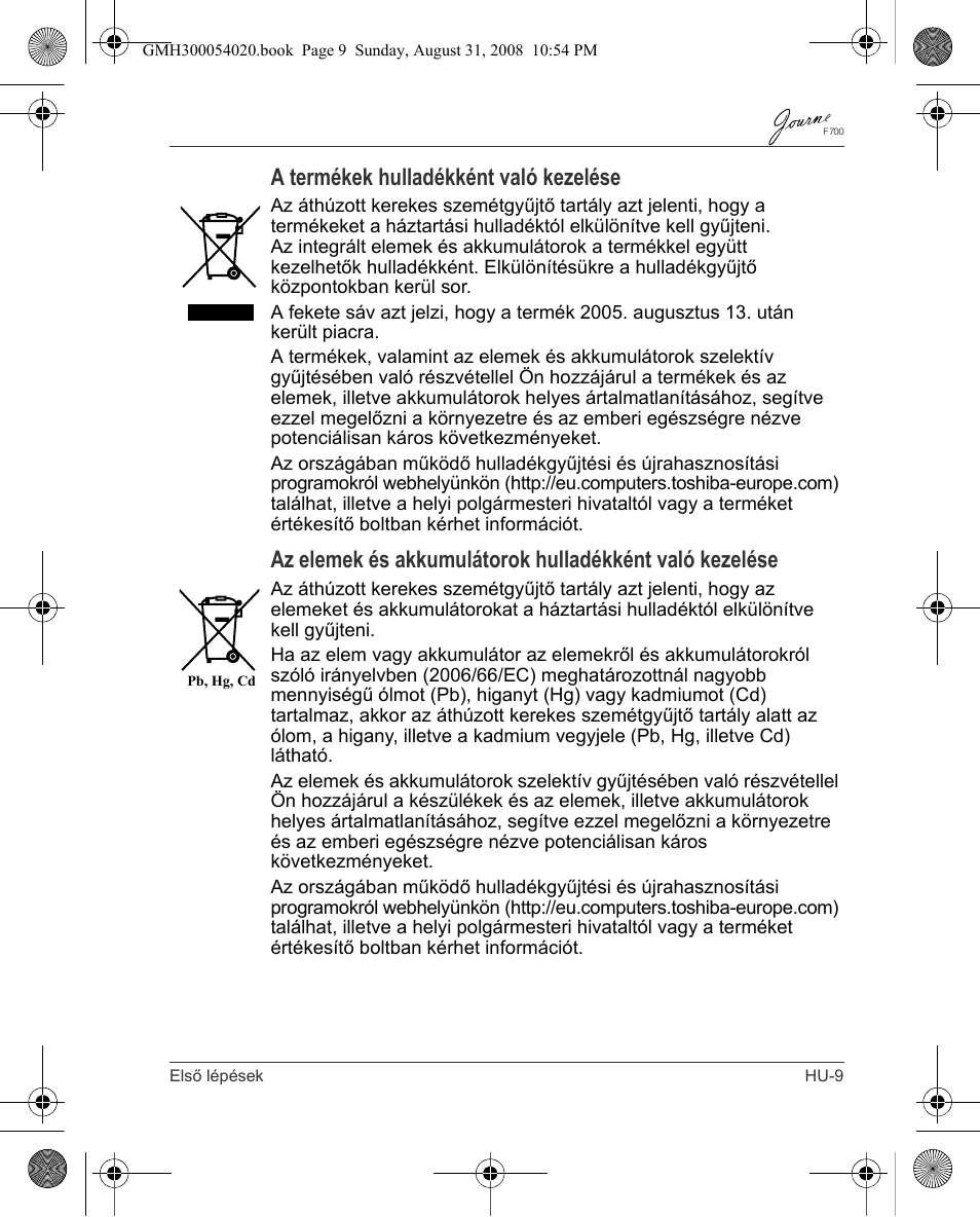 A termékek hulladékként való kezelése | Toshiba JOURNE F700 User Manual | Page 65 / 138