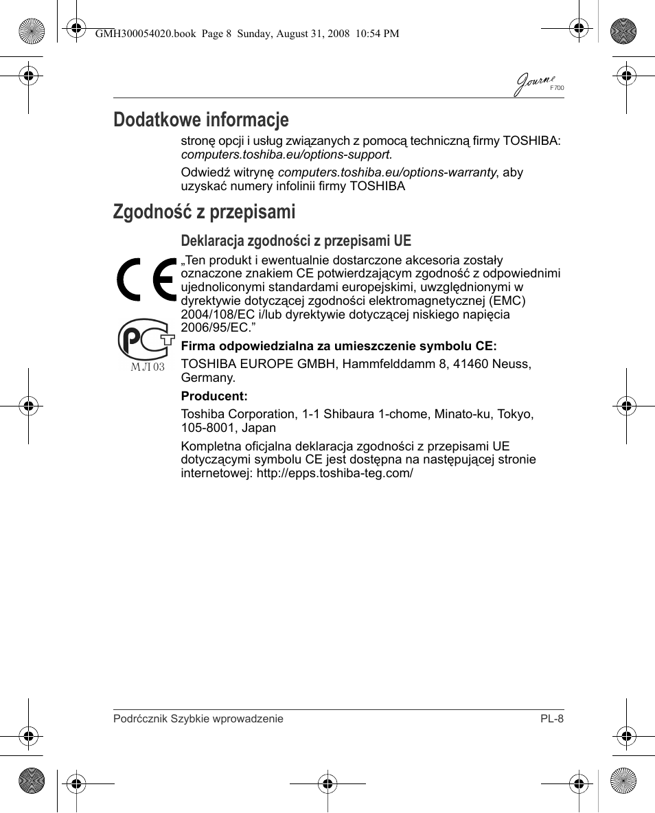 Dodatkowe informacje, Zgodność z przepisami, Deklaracja zgodności z przepisami ue | Toshiba JOURNE F700 User Manual | Page 73 / 138