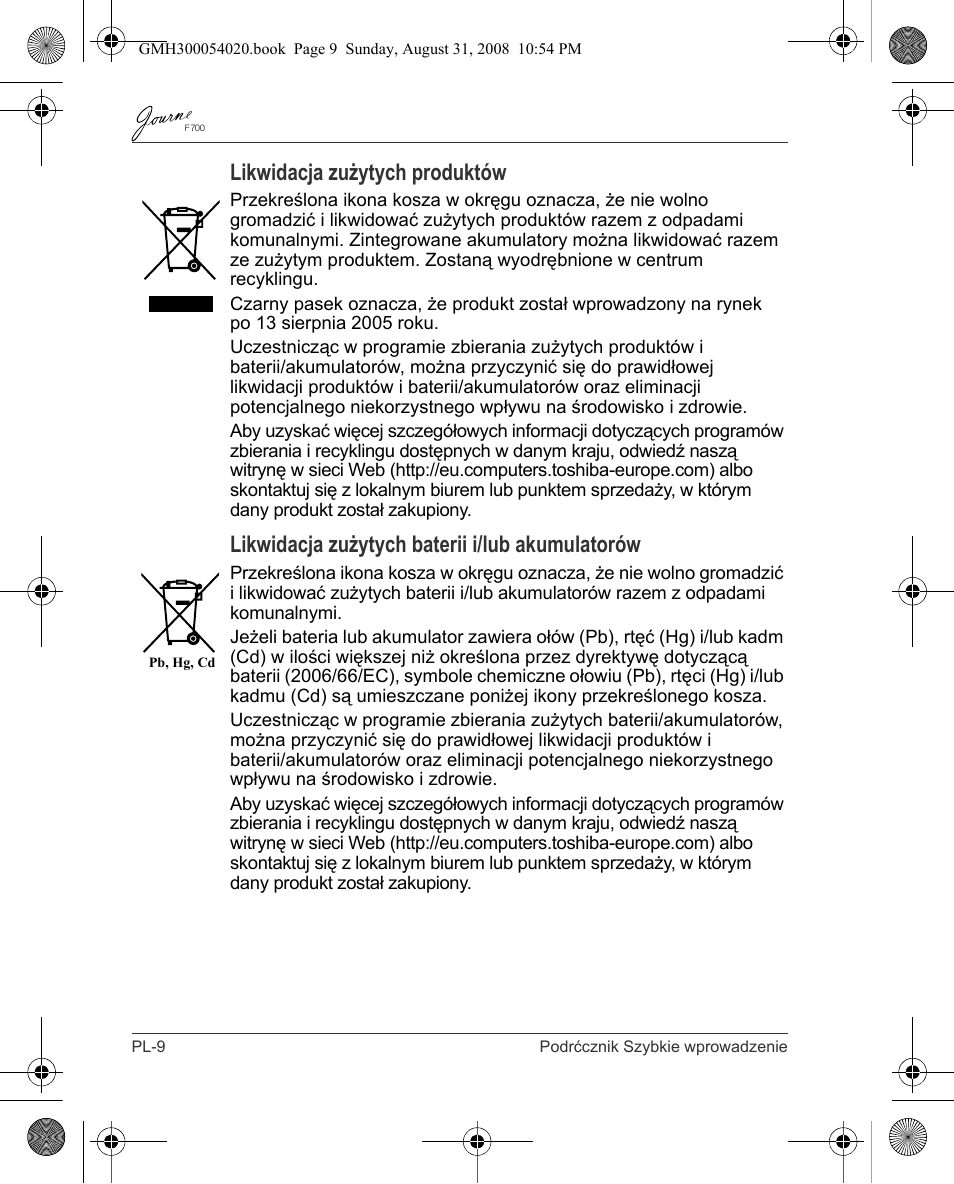 Likwidacja zużytych produktów, Likwidacja zużytych baterii i/lub akumulatorów | Toshiba JOURNE F700 User Manual | Page 74 / 138