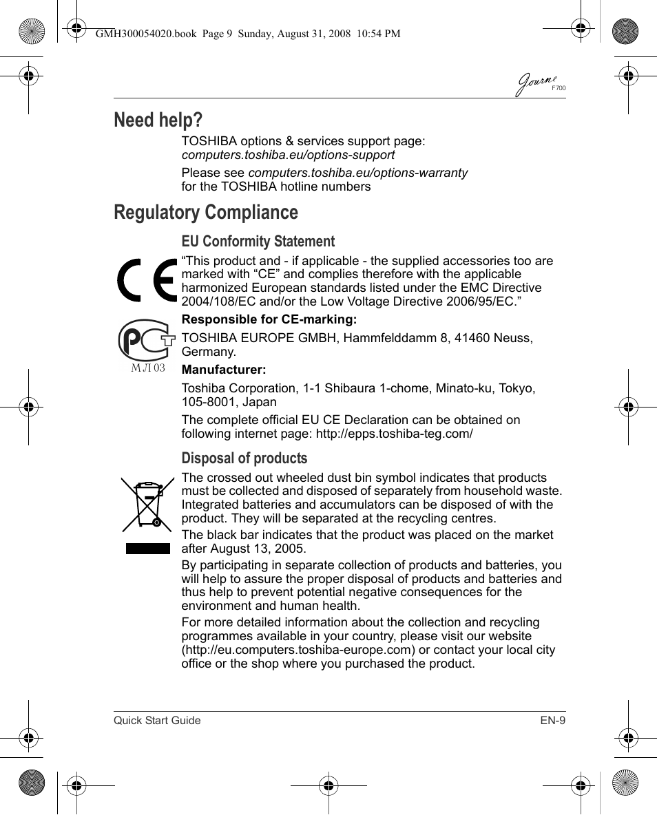 Need help, Regulatory compliance, Eu conformity statement | Disposal of products | Toshiba JOURNE F700 User Manual | Page 9 / 138