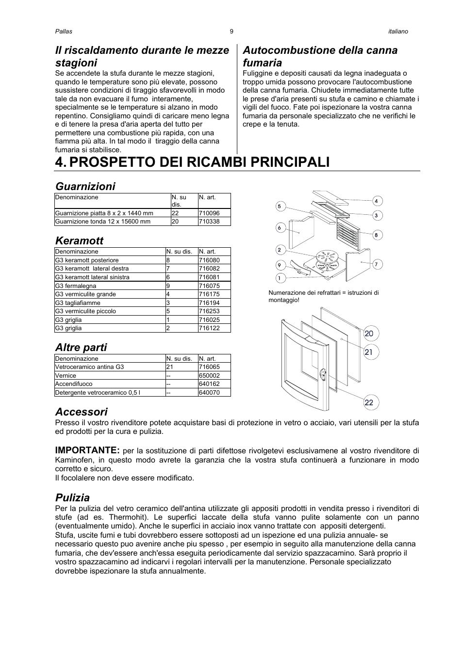 Prospetto dei ricambi principali, Il riscaldamento durante le mezze stagioni, Autocombustione della canna fumaria | Guarnizioni, Keramott, Altre parti, Accessori, Pulizia, Importante | Austro Flamm Gussofen G3 User Manual | Page 11 / 16