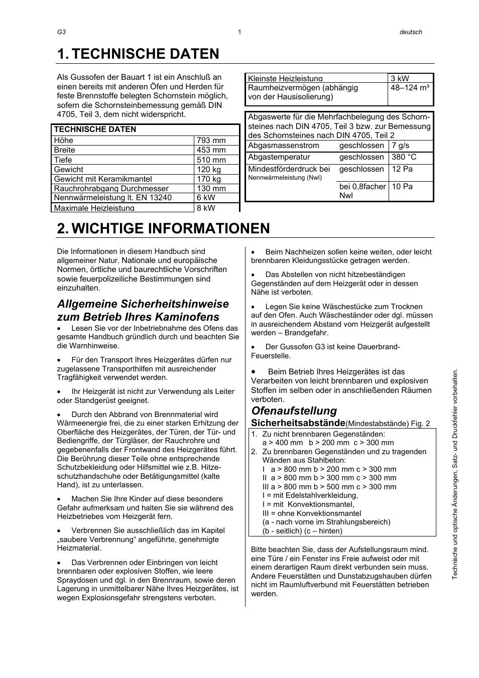 Technische daten, Wichtige informationen, Ofenaufstellung | Sicherheitsabstände | Austro Flamm Gussofen G3 User Manual | Page 3 / 16