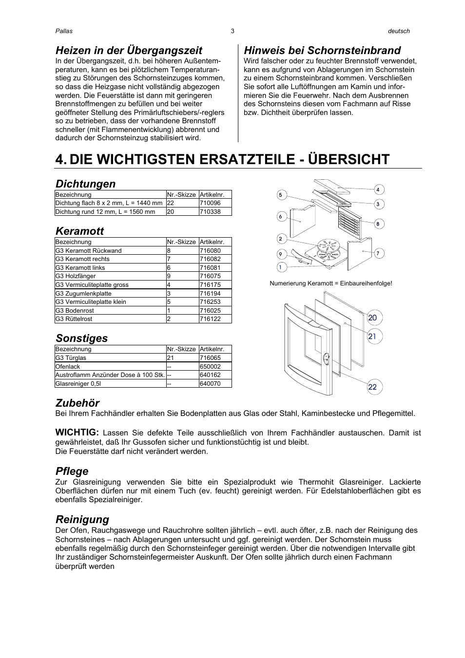 Die wichtigsten ersatzteile - übersicht, Heizen in der übergangszeit, Hinweis bei schornsteinbrand | Dichtungen, Keramott, Sonstiges, Zubehör, Pflege, Reinigung, Wichtig | Austro Flamm Gussofen G3 User Manual | Page 5 / 16