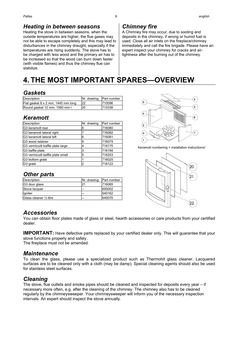 The most important spares—overview, Heating in between seasons, Chimney fire | Gaskets, Keramott, Other parts, Accessories, Maintenance, Cleaning, Important | Austro Flamm Gussofen G3 User Manual | Page 8 / 16