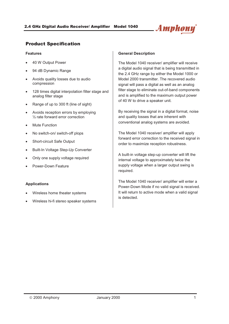 Amphony 2.4 GHz Digital Audio Receiver/ Amplifier 1040 User Manual | 3 pages