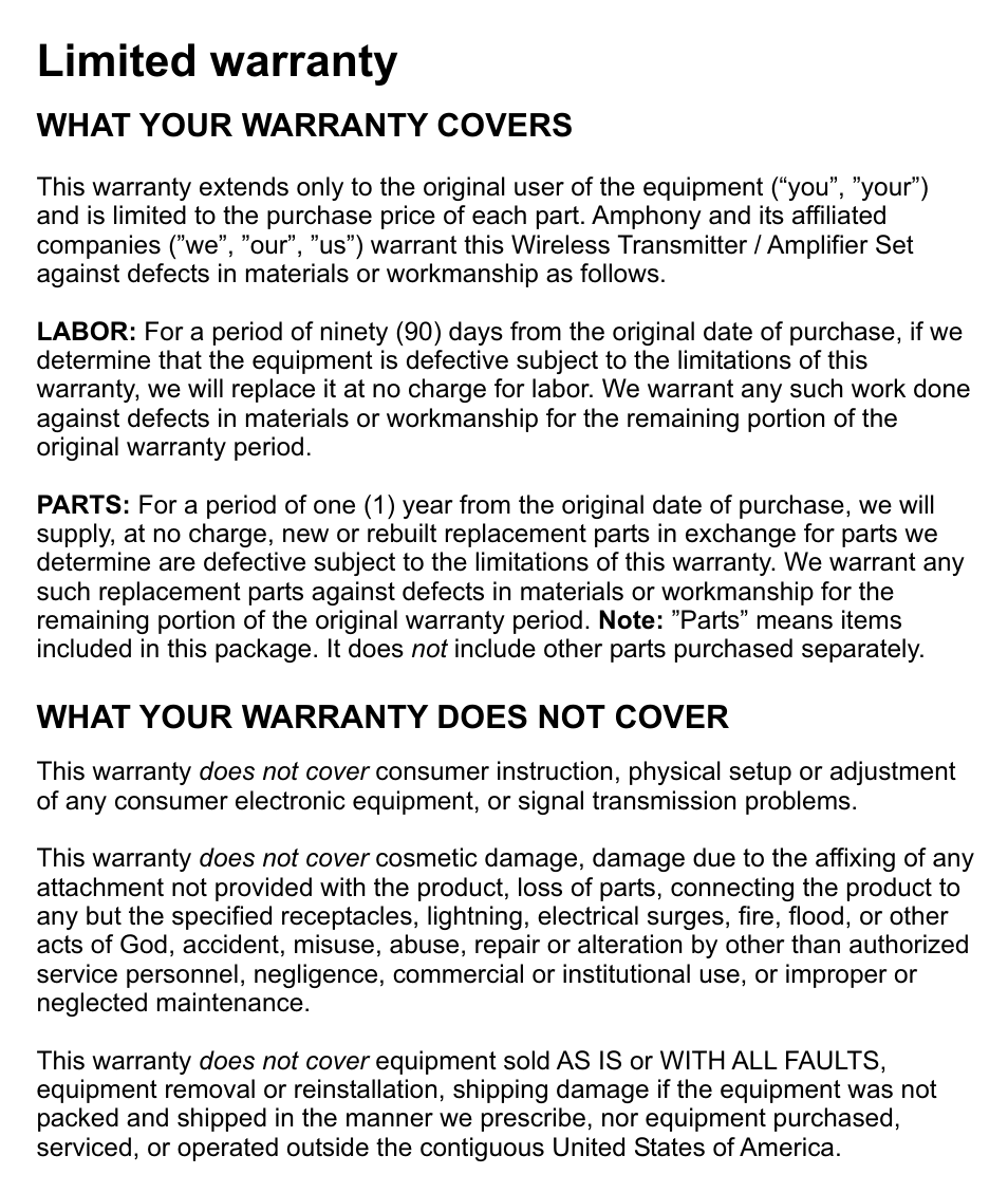 Limited warranty, What your warranty covers, What your warranty does not cover | Amphony 100 User Manual | Page 11 / 12