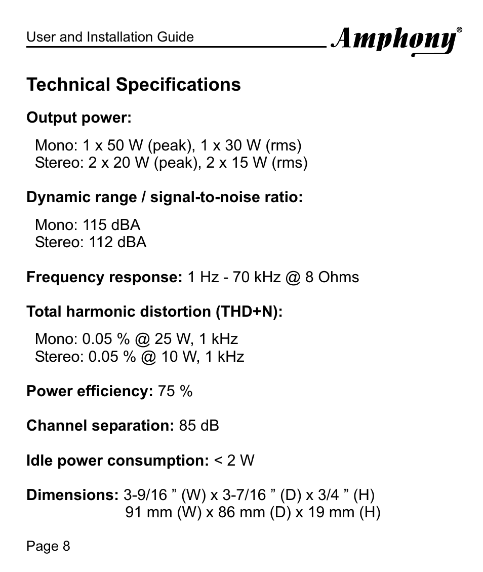 Technical specifications | Amphony 100 User Manual | Page 8 / 12