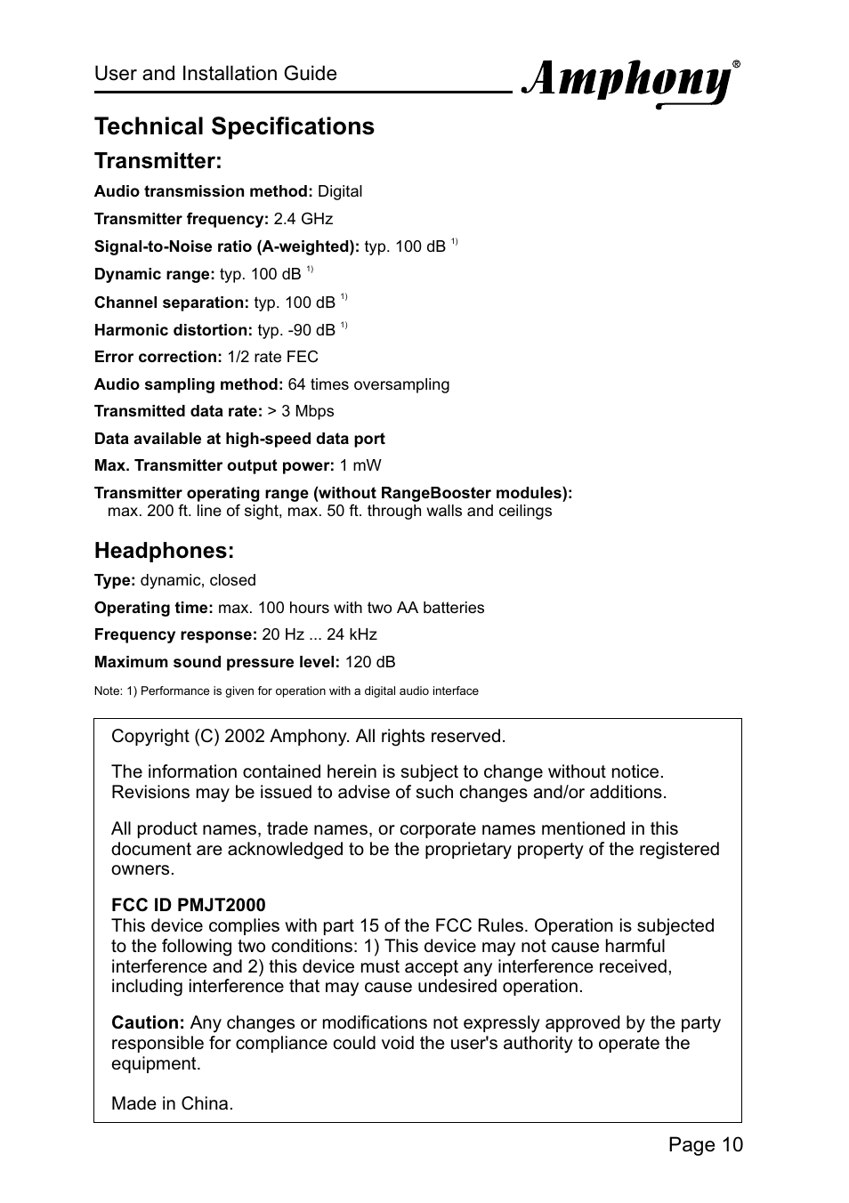 Technical specifications, Transmitter: headphones, User and installation guide page 10 | Amphony 2000 User Manual | Page 11 / 12