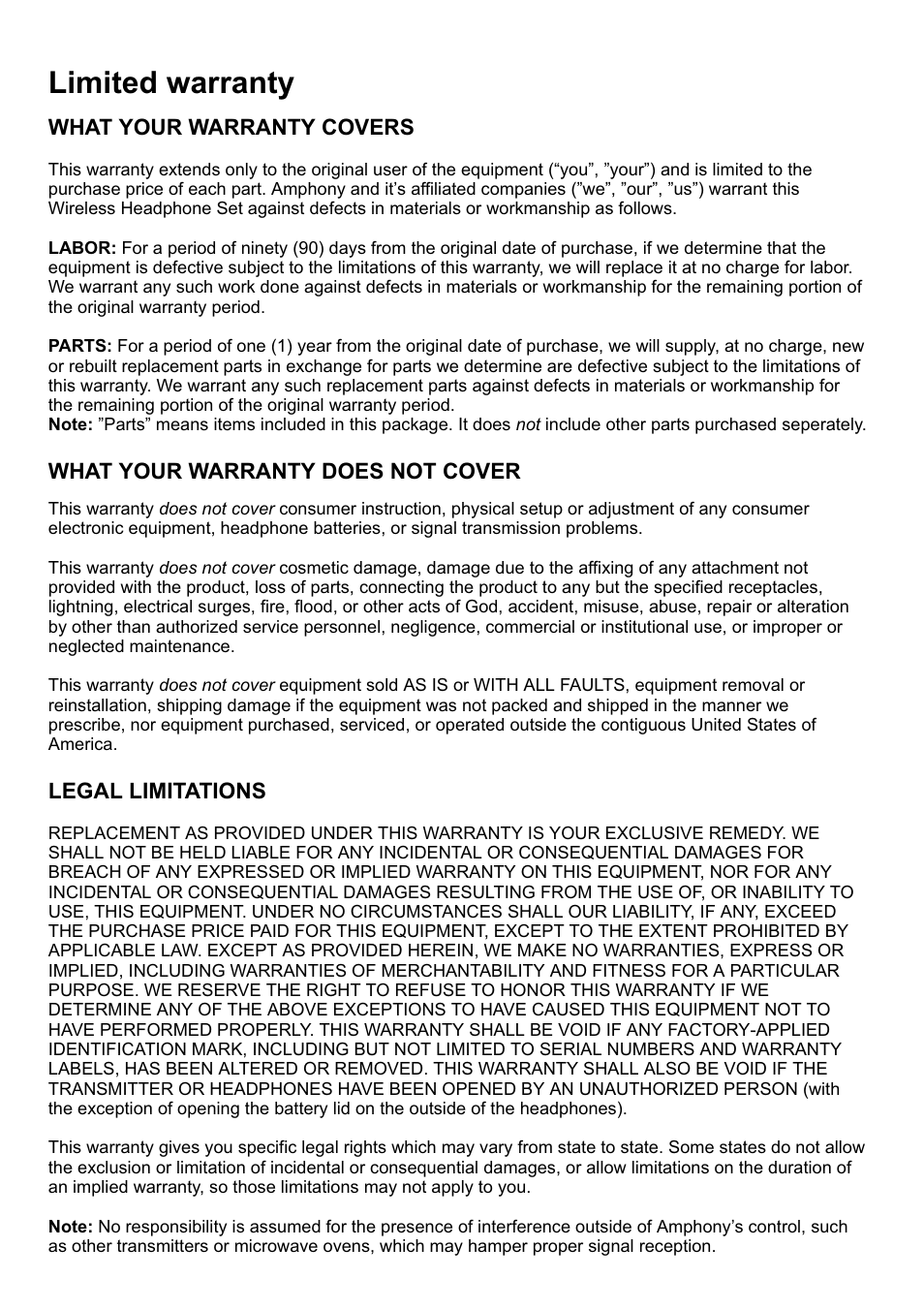 Limited warranty, What your warranty covers | Amphony 2000 User Manual | Page 12 / 12