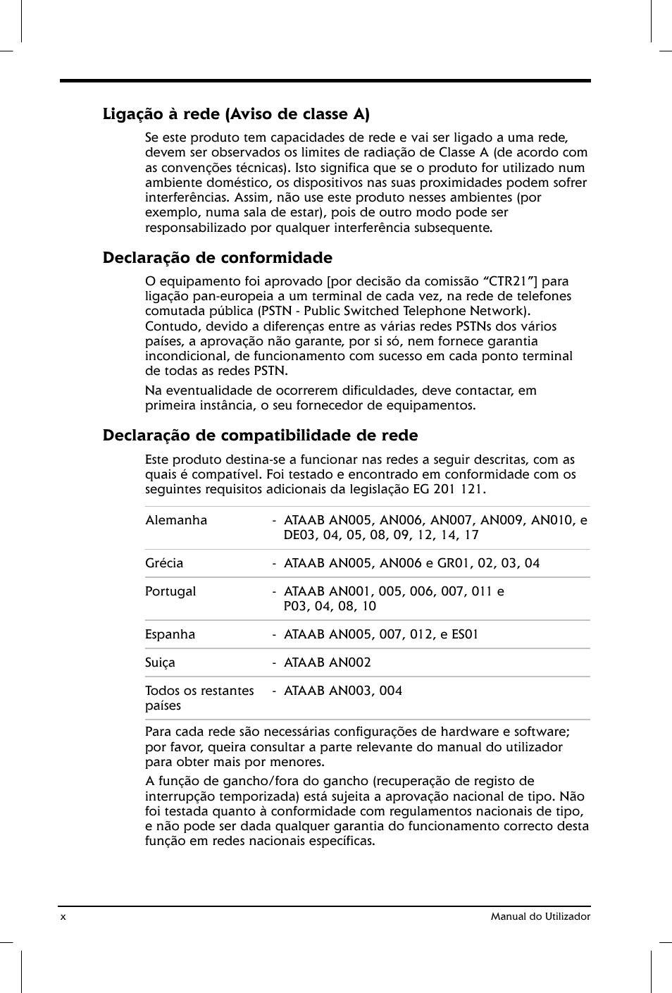 Ligação à rede (aviso de classe a), Declaração de conformidade, Declaração de compatibilidade de rede | Toshiba Satellite 2610 User Manual | Page 10 / 221