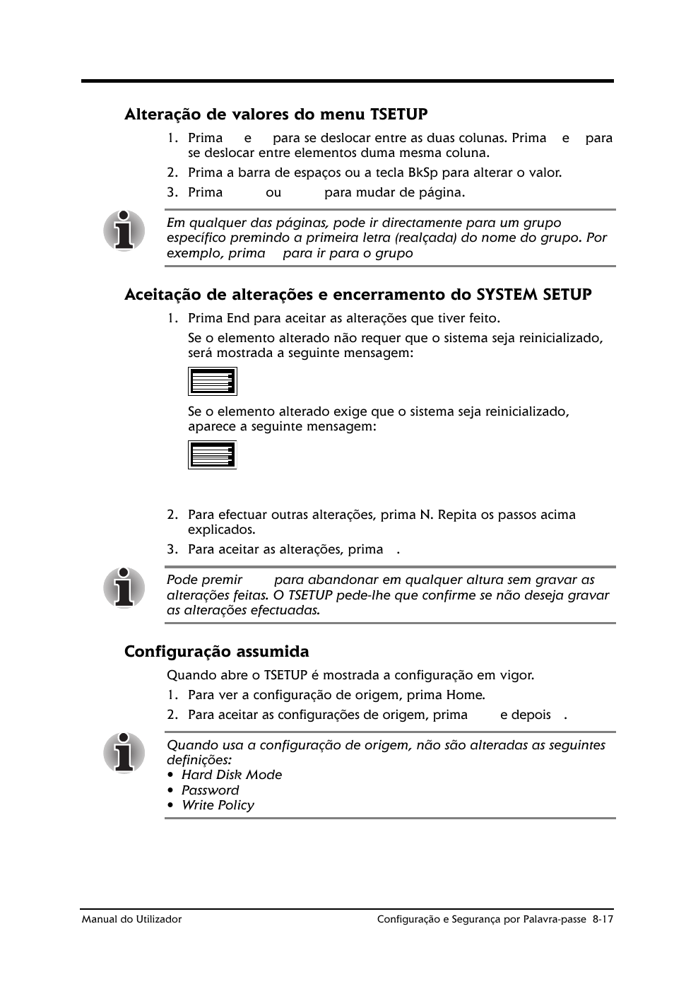 Alteração de valores do menu tsetup, Configuração assumida | Toshiba Satellite 2610 User Manual | Page 113 / 221