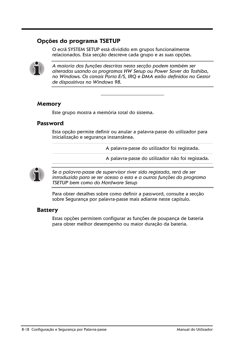 Opções do programa tsetup, Password, Battery | Toshiba Satellite 2610 User Manual | Page 114 / 221