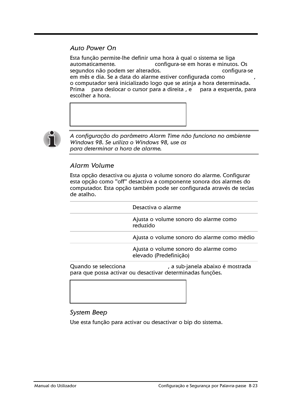 Auto power on, Alarm volume, System beep | Toshiba Satellite 2610 User Manual | Page 119 / 221