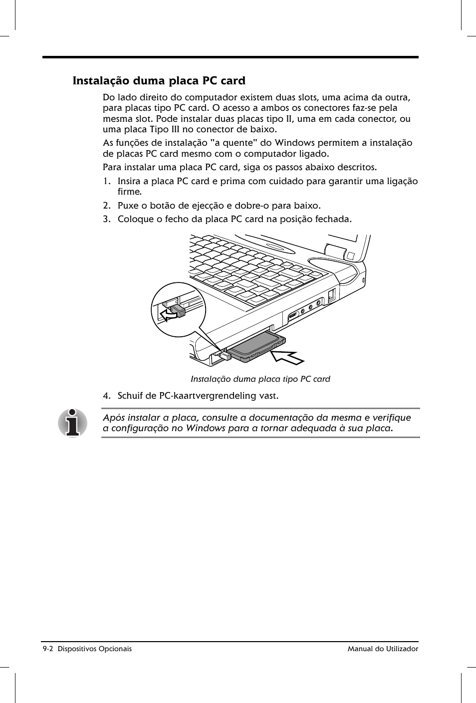 Instalação duma placa pc card | Toshiba Satellite 2610 User Manual | Page 132 / 221