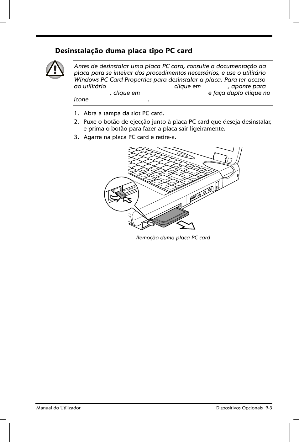 Desinstalação duma placa tipo pc card | Toshiba Satellite 2610 User Manual | Page 133 / 221