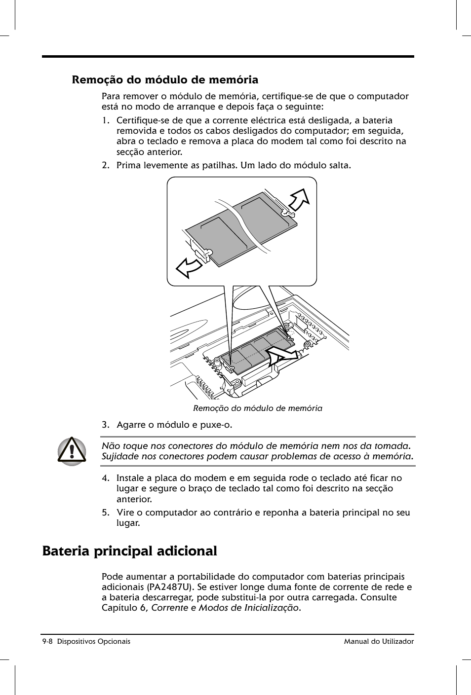 Bateria principal adicional, Remoção do módulo de memória | Toshiba Satellite 2610 User Manual | Page 138 / 221