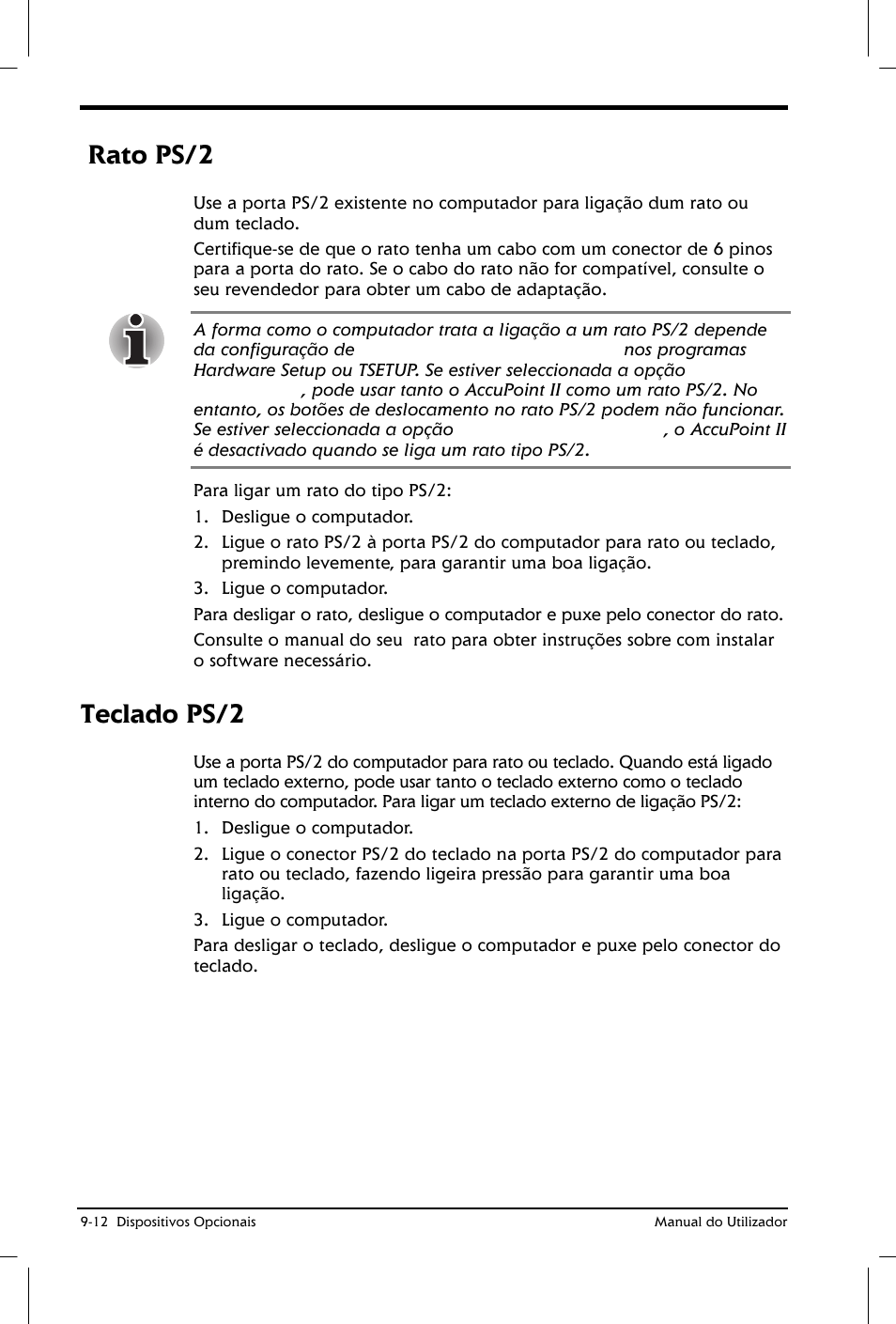 Rato ps/2, Teclado ps/2 | Toshiba Satellite 2610 User Manual | Page 142 / 221