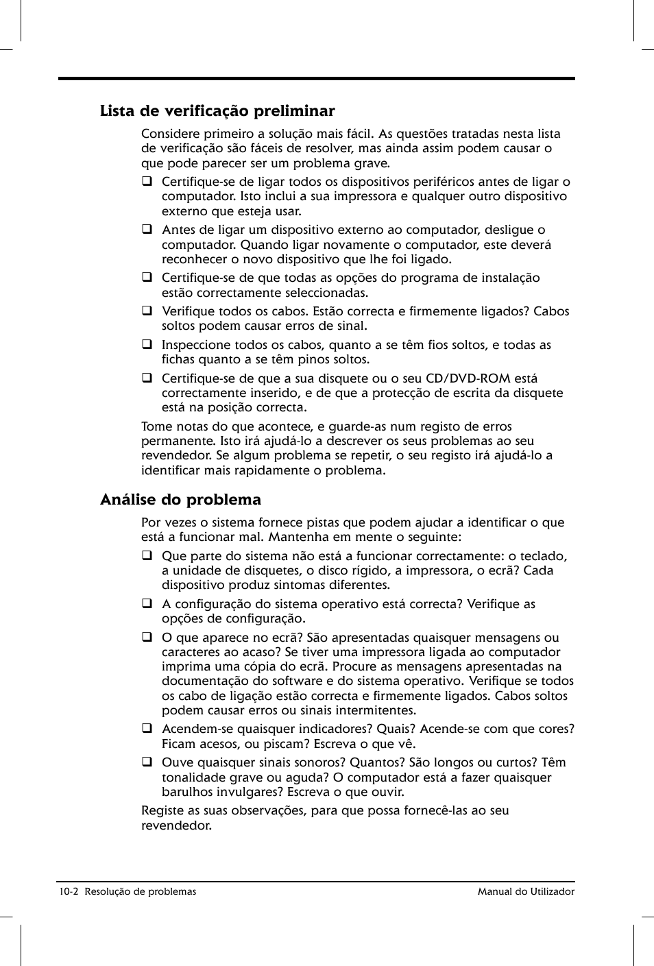 Lista de verificação preliminar, Análise do problema | Toshiba Satellite 2610 User Manual | Page 145 / 221