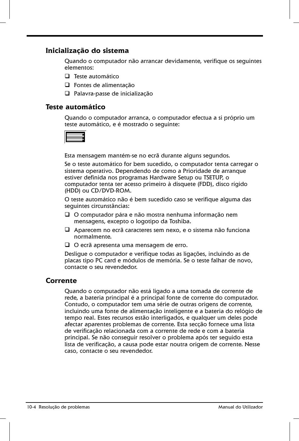 Inicialização do sistema, Teste automático, Corrente | Toshiba Satellite 2610 User Manual | Page 147 / 221