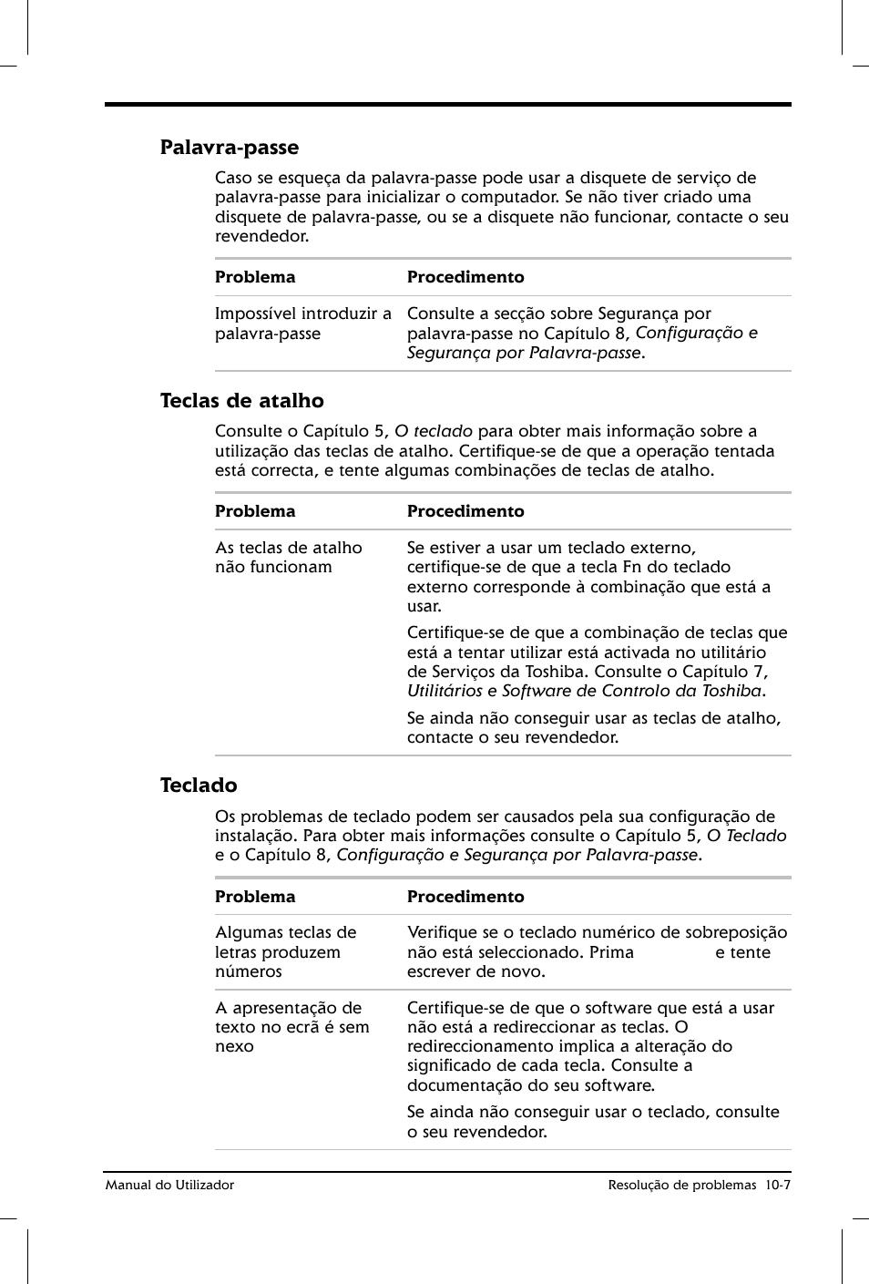 Palavra-passe, Teclas de atalho, Teclado | Toshiba Satellite 2610 User Manual | Page 150 / 221