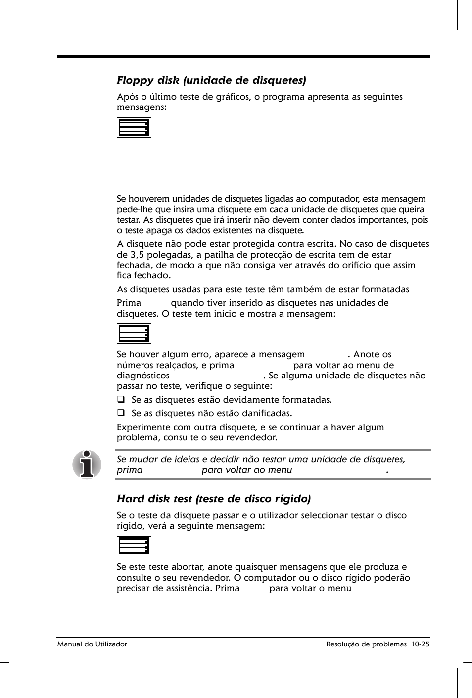 Floppy disk (unidade de disquetes), Hard disk test (teste de disco rígido) | Toshiba Satellite 2610 User Manual | Page 168 / 221