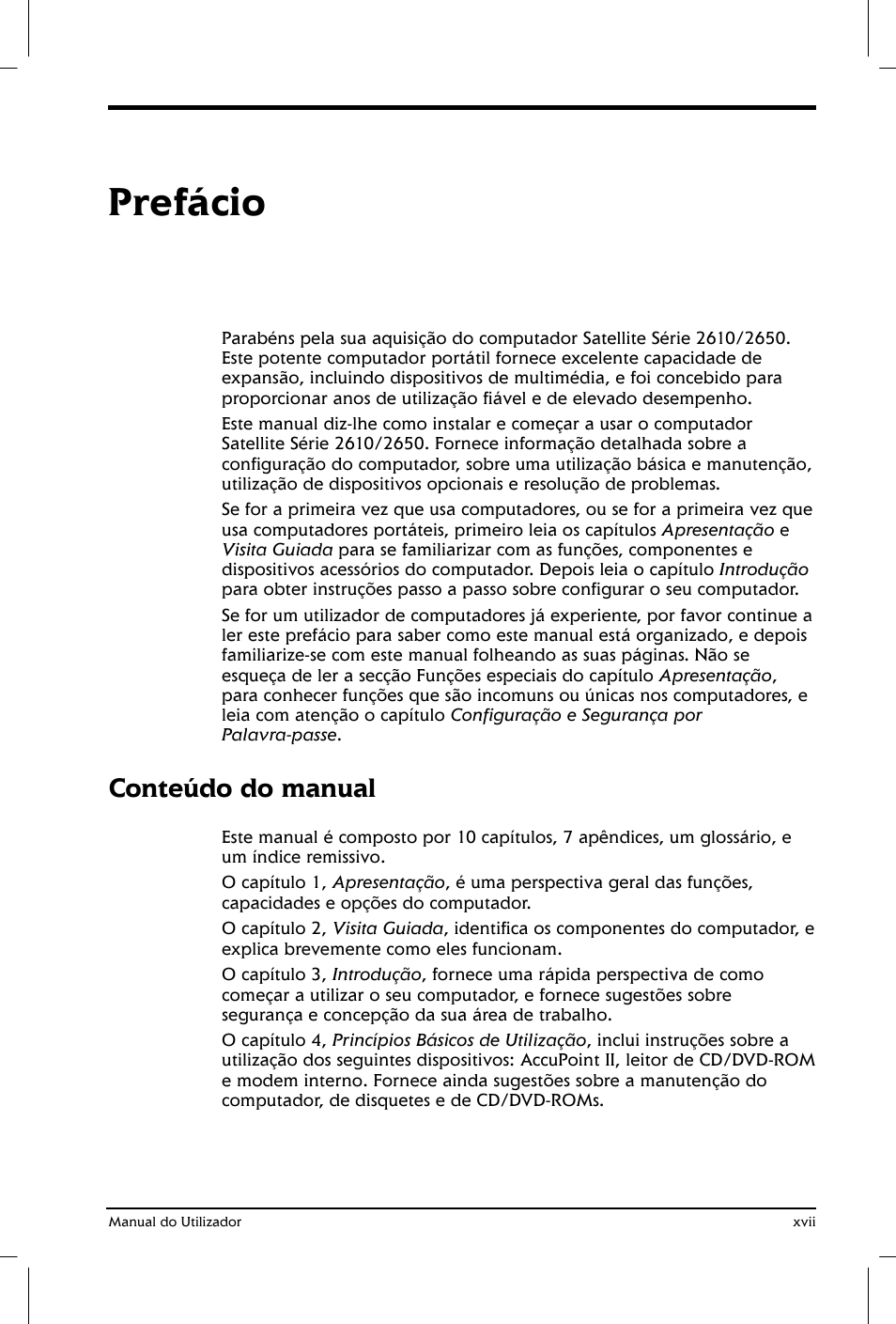 Prefácio, Conteúdo do manual | Toshiba Satellite 2610 User Manual | Page 17 / 221