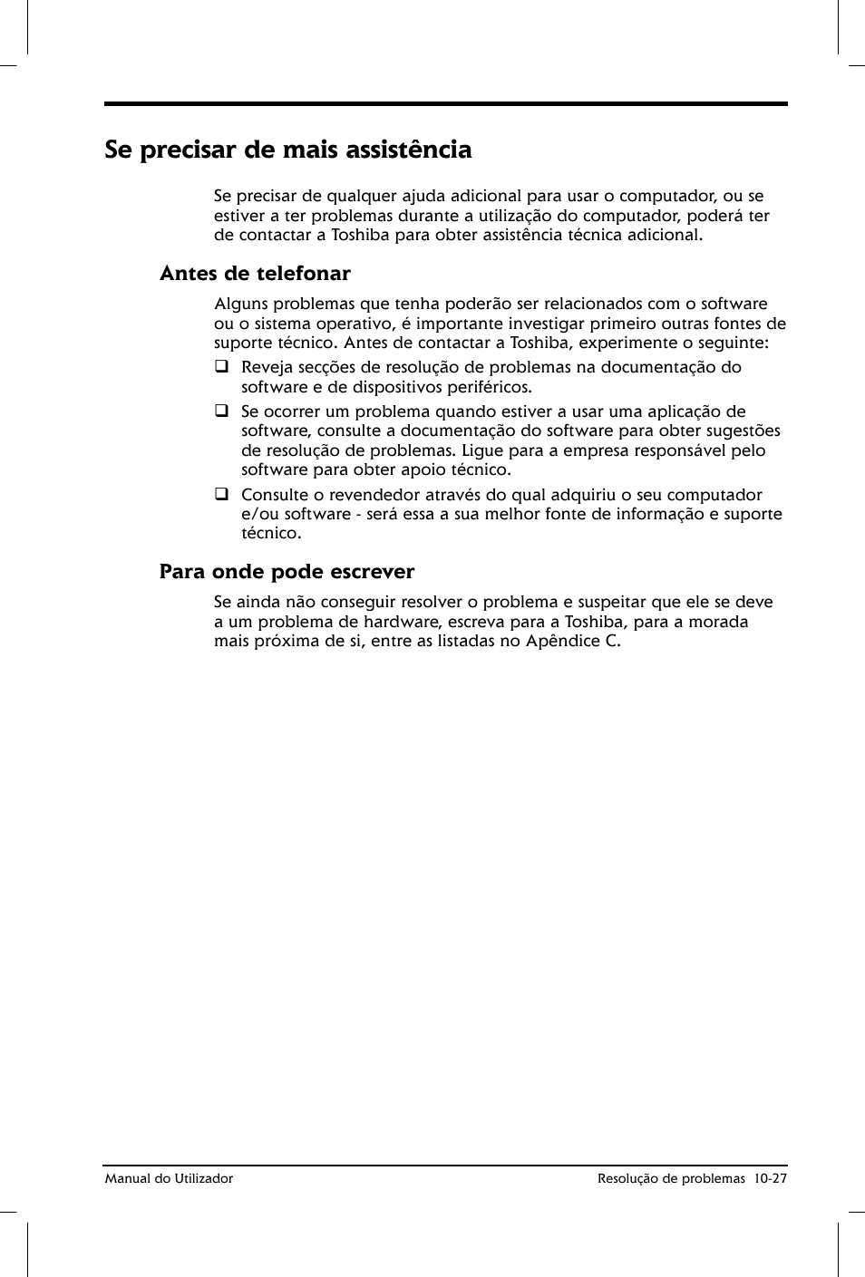 Se precisar de mais assistência, Antes de telefonar, Para onde pode escrever | Toshiba Satellite 2610 User Manual | Page 170 / 221