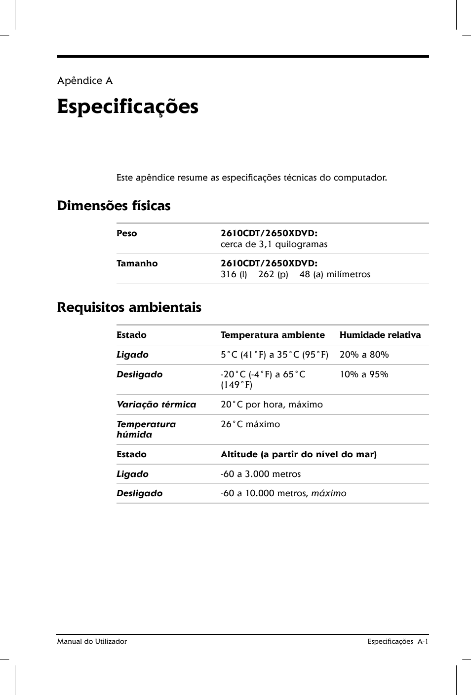 Especificações, Dimensões físicas, Requisitos ambientais | Toshiba Satellite 2610 User Manual | Page 171 / 221