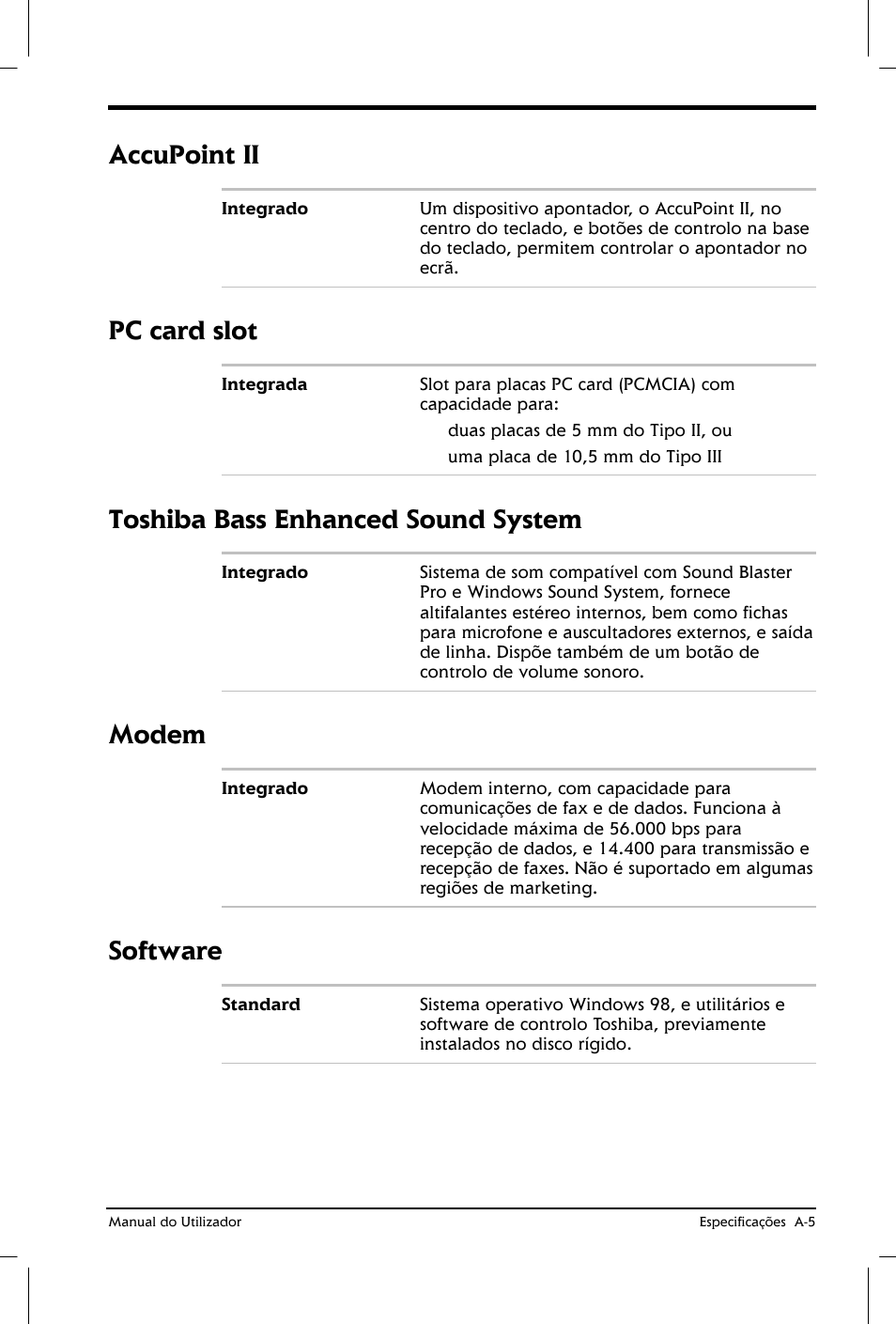 Accupoint ii, Pc card slot, Toshiba bass enhanced sound system | Modem, Software | Toshiba Satellite 2610 User Manual | Page 175 / 221