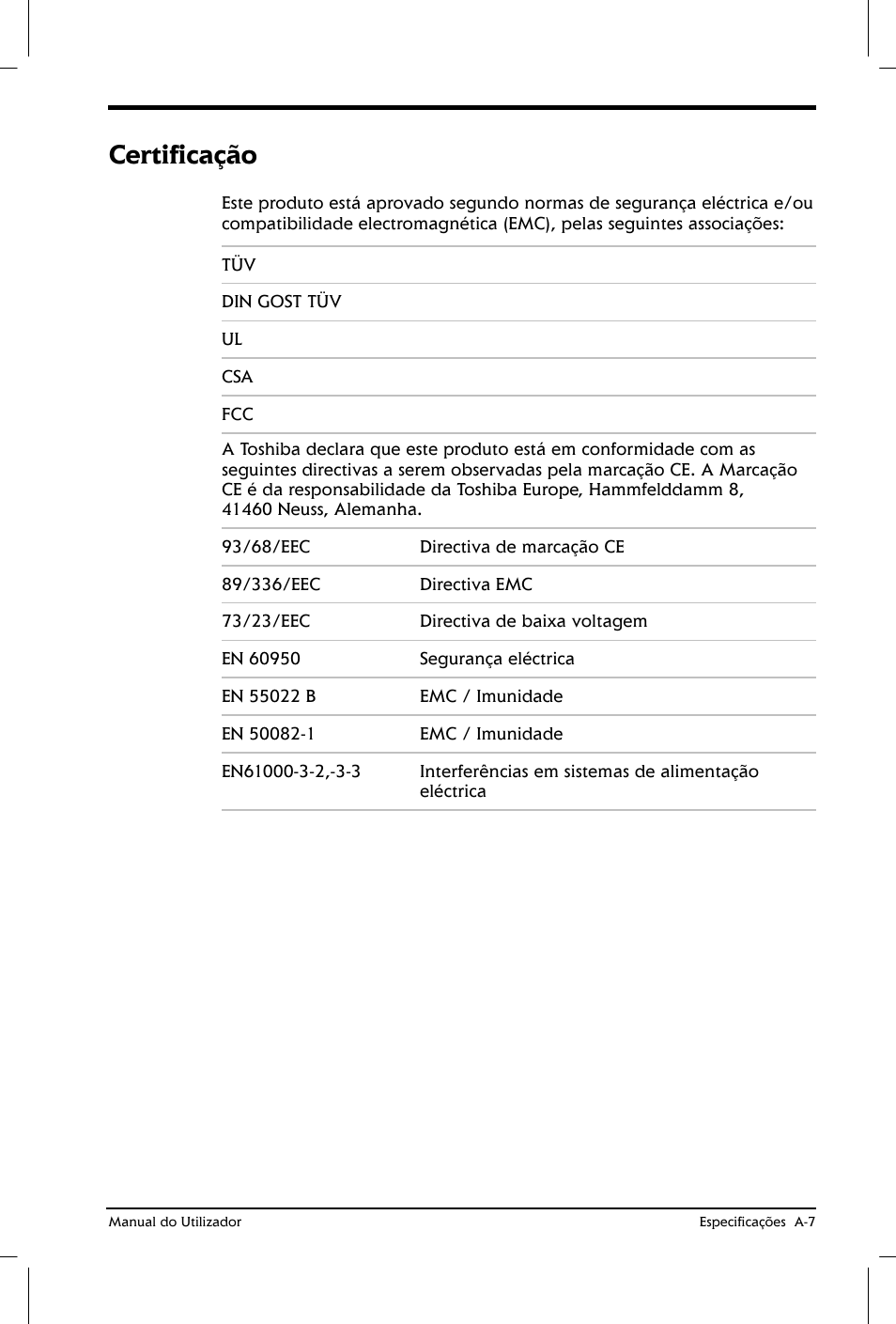 Certificação | Toshiba Satellite 2610 User Manual | Page 177 / 221