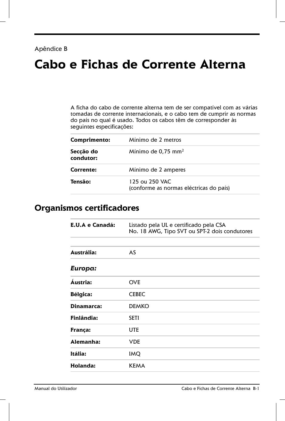 Cabo e fichas de corrente alterna, Organismos certificadores | Toshiba Satellite 2610 User Manual | Page 178 / 221