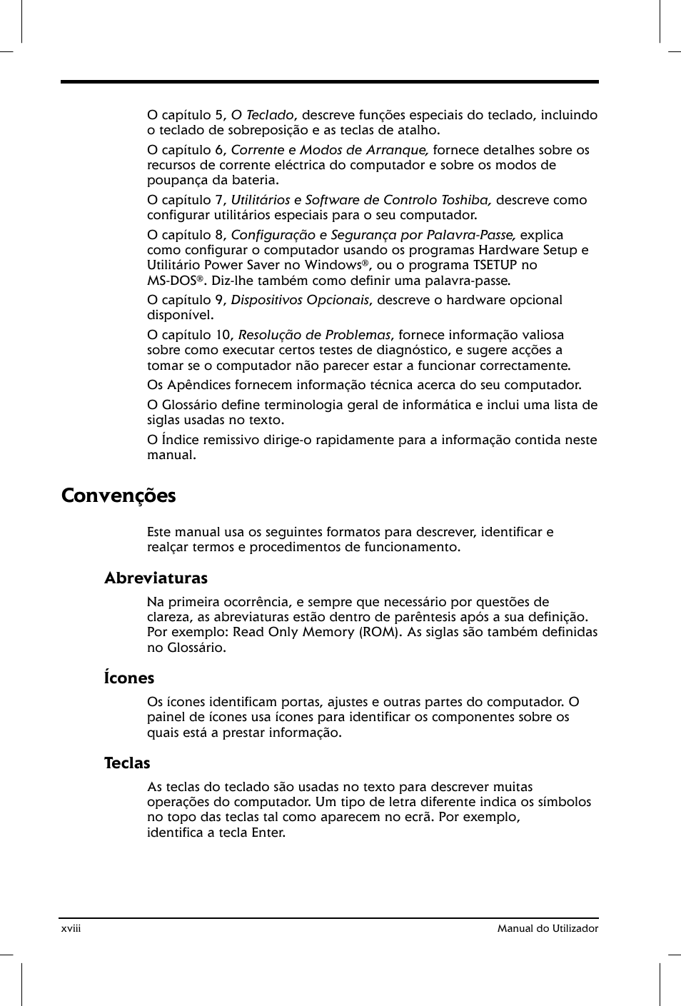 Convenções, Abreviaturas, Ícones | Teclas | Toshiba Satellite 2610 User Manual | Page 18 / 221