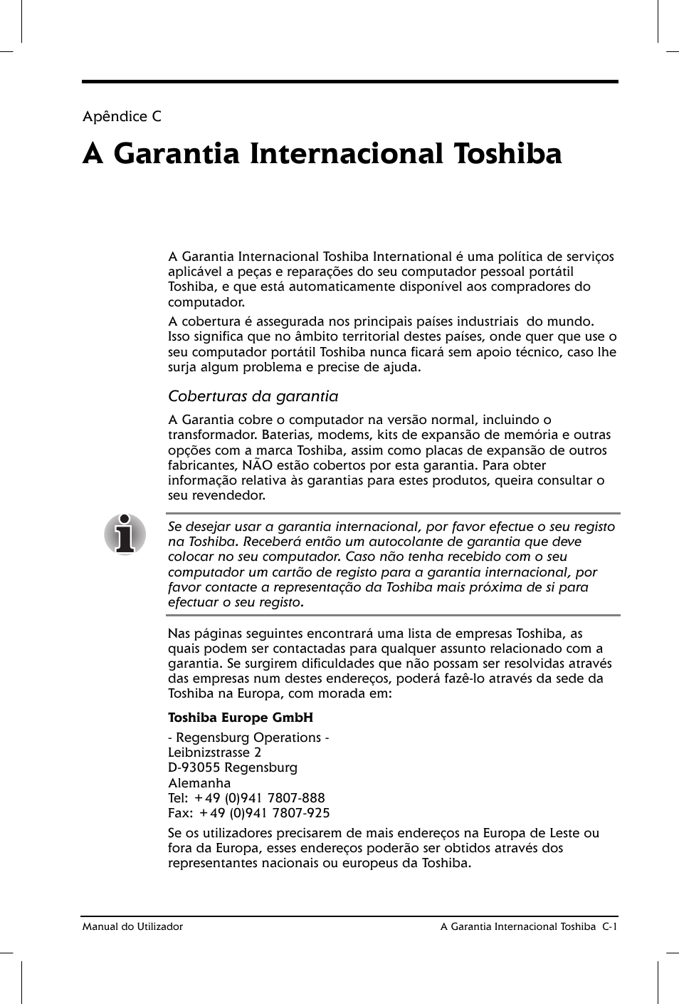 A garantia internacional toshiba | Toshiba Satellite 2610 User Manual | Page 180 / 221