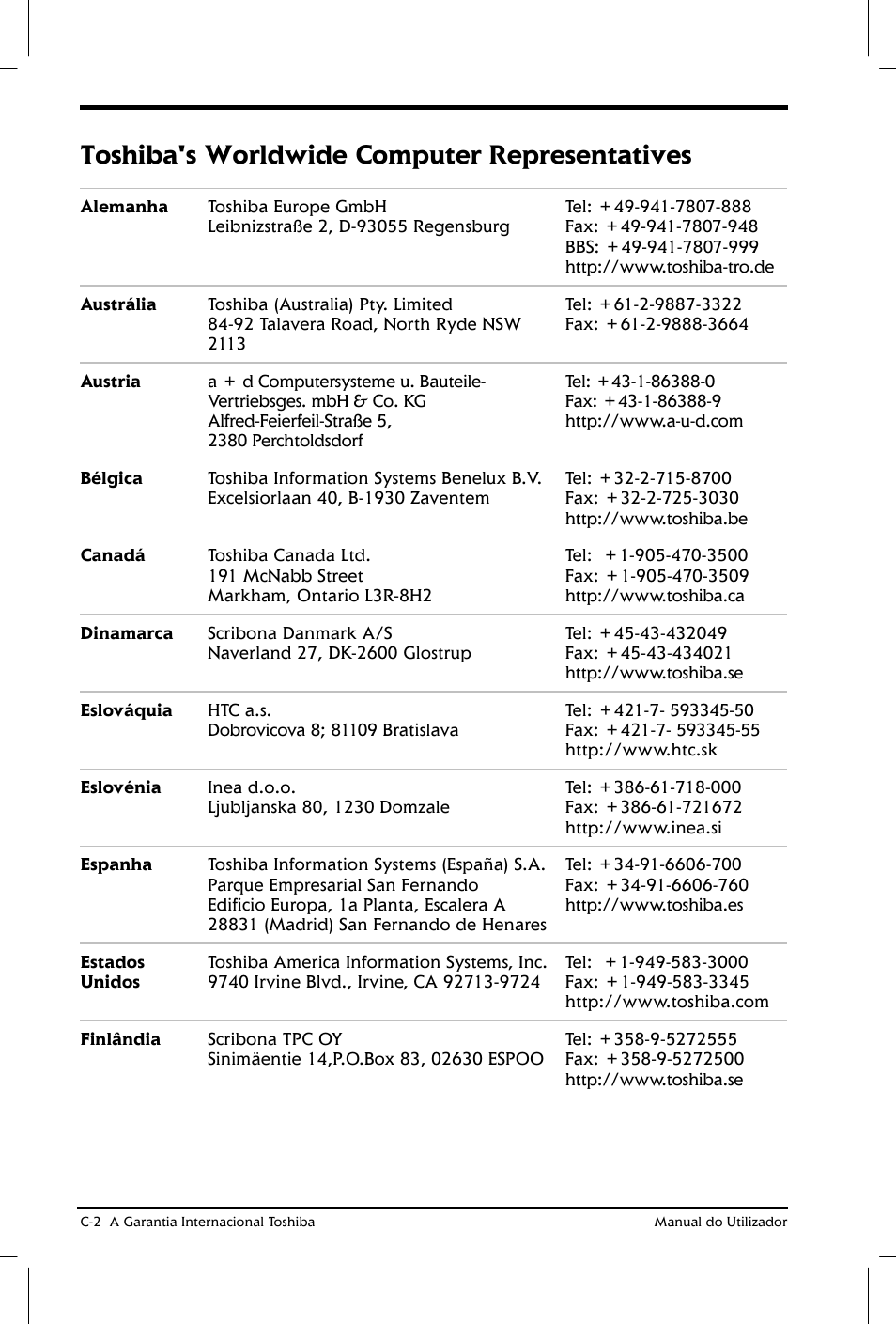 Toshiba's worldwide computer representatives | Toshiba Satellite 2610 User Manual | Page 181 / 221