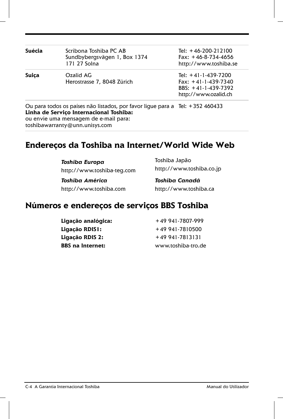 Endereços da toshiba na internet/world wide web, Números e endereços de serviços bbs toshiba | Toshiba Satellite 2610 User Manual | Page 183 / 221