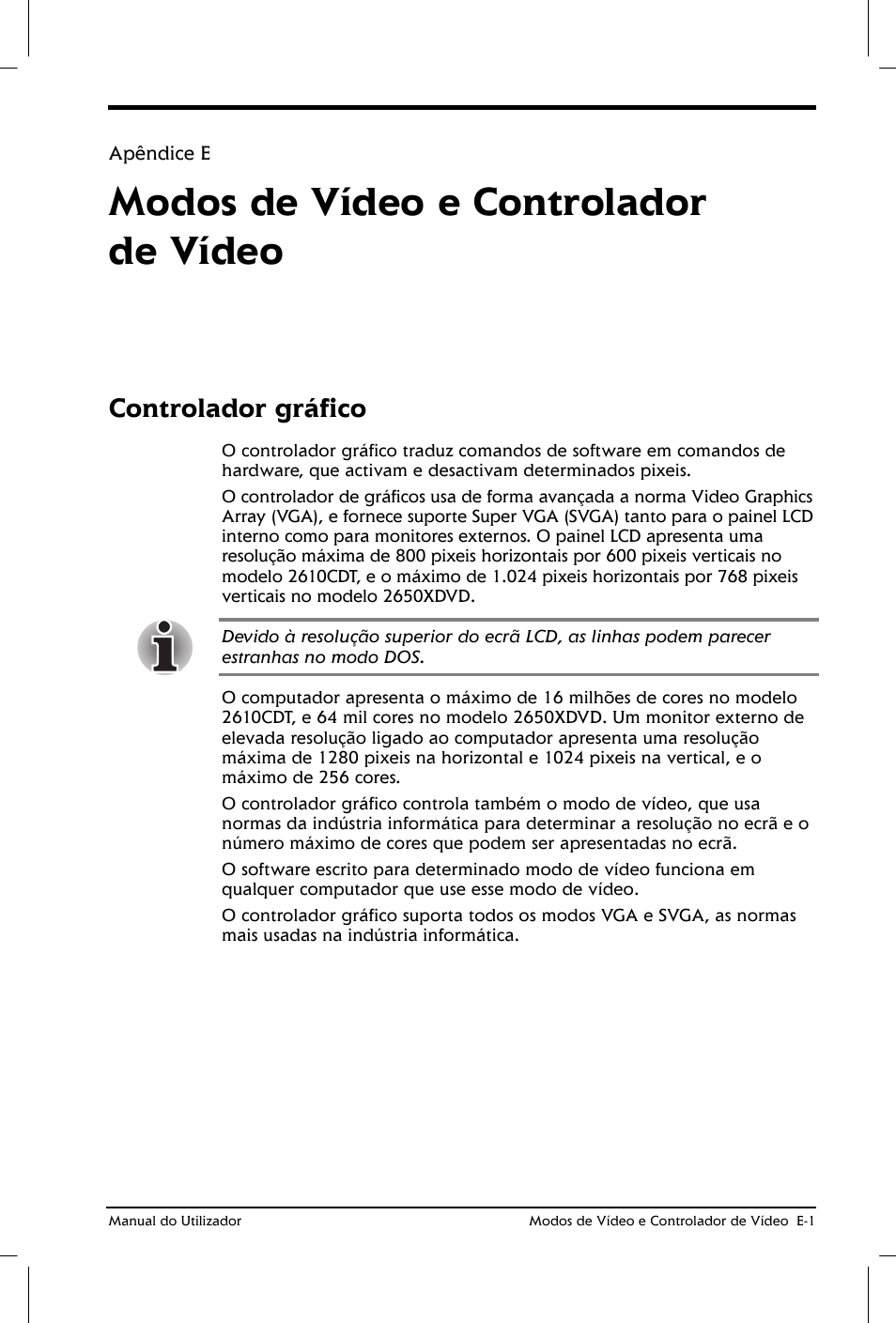 Modos de vídeo e controlador de vídeo, Controlador gráfico | Toshiba Satellite 2610 User Manual | Page 189 / 221