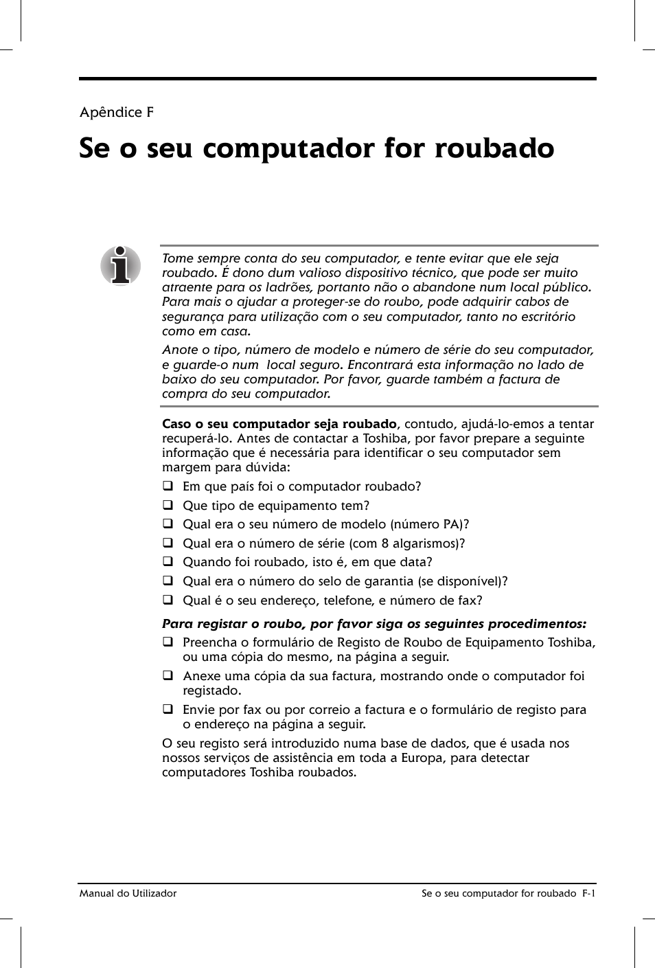 Se o seu computador for roubado | Toshiba Satellite 2610 User Manual | Page 193 / 221