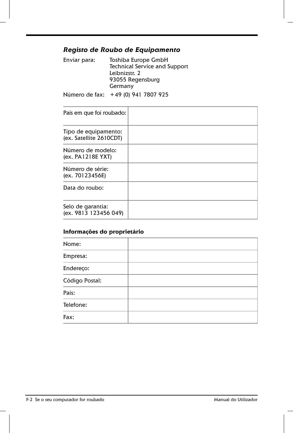 Registo de roubo de equipamento | Toshiba Satellite 2610 User Manual | Page 194 / 221