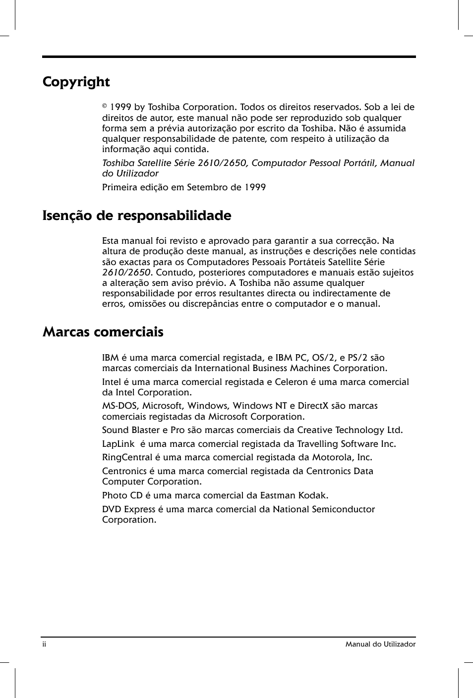 Copyright, Isenção de responsabilidade, Marcas comerciais | Toshiba Satellite 2610 User Manual | Page 2 / 221