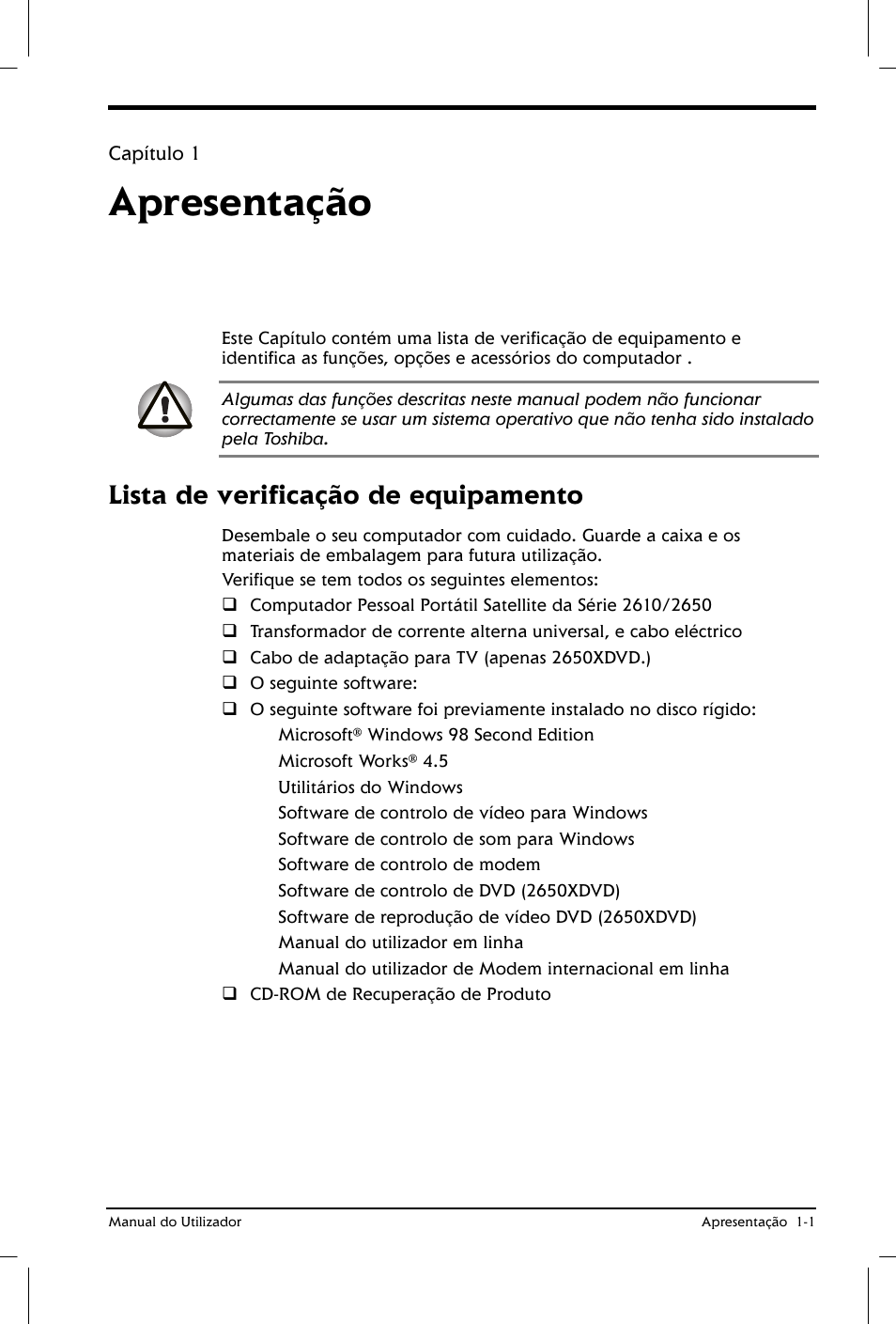 Apresentação, Lista de verificação de equipamento | Toshiba Satellite 2610 User Manual | Page 20 / 221