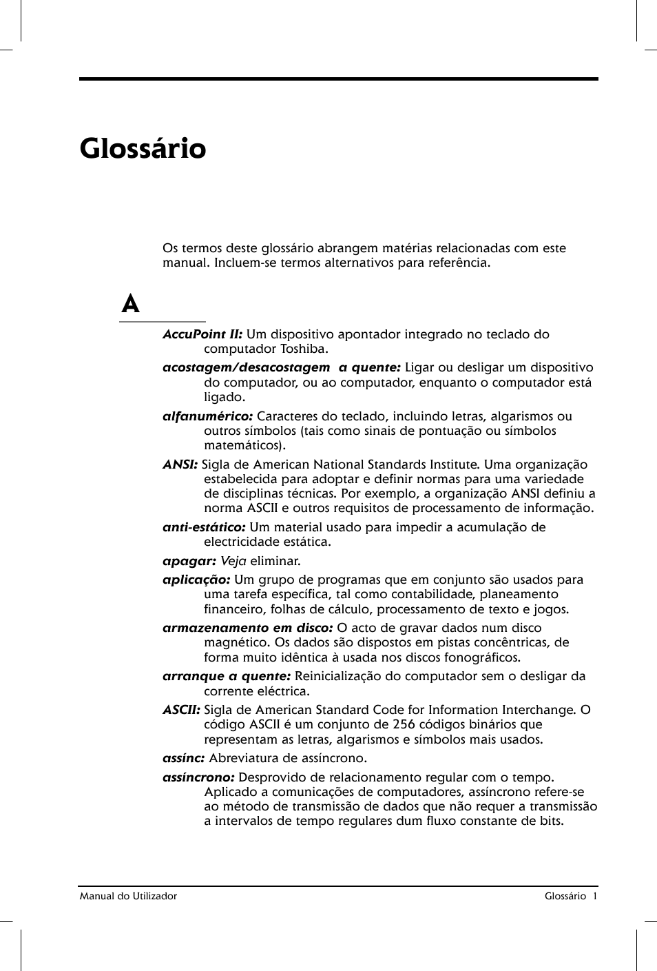 Glossário | Toshiba Satellite 2610 User Manual | Page 201 / 221