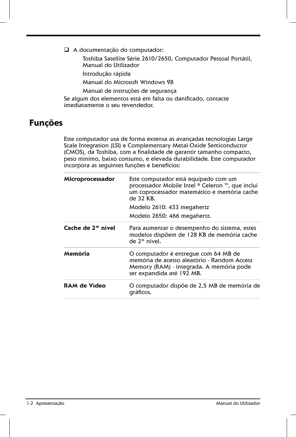 Funções | Toshiba Satellite 2610 User Manual | Page 21 / 221