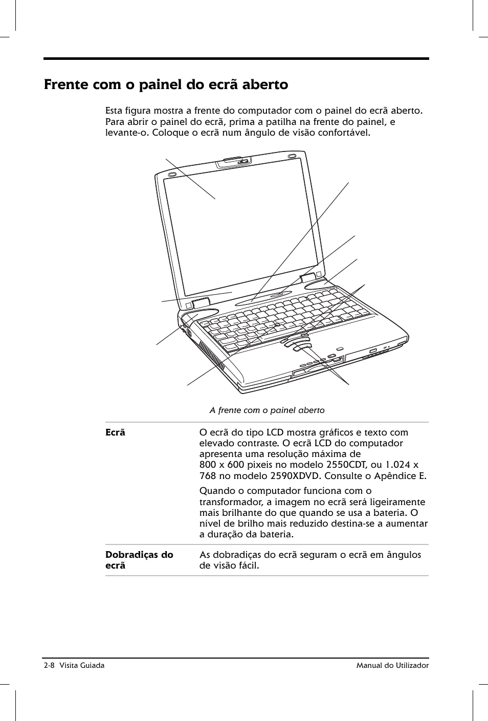Frente com o painel do ecrã aberto | Toshiba Satellite 2610 User Manual | Page 37 / 221