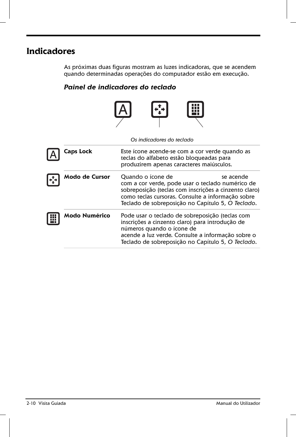 Indicadores, Painel de indicadores do teclado | Toshiba Satellite 2610 User Manual | Page 39 / 221