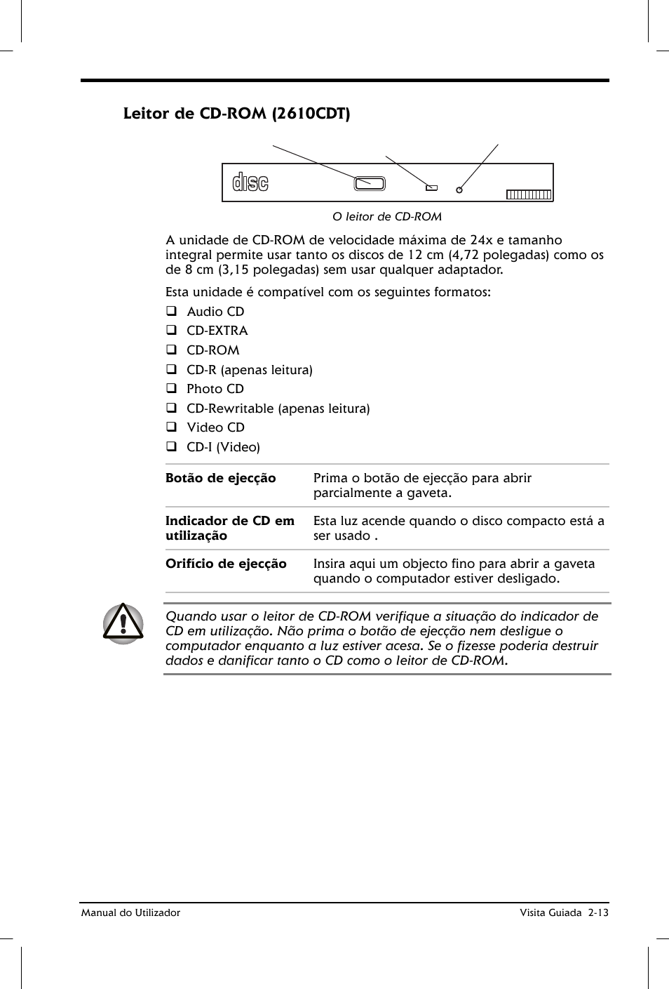 Leitor de cd-rom (2610cdt) | Toshiba Satellite 2610 User Manual | Page 42 / 221